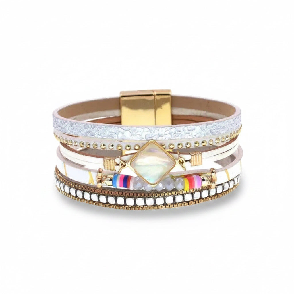 Boho multi-layered, magnetic closure bracelet, silver and gold accents, colorful disks, abalone shell centerpiece