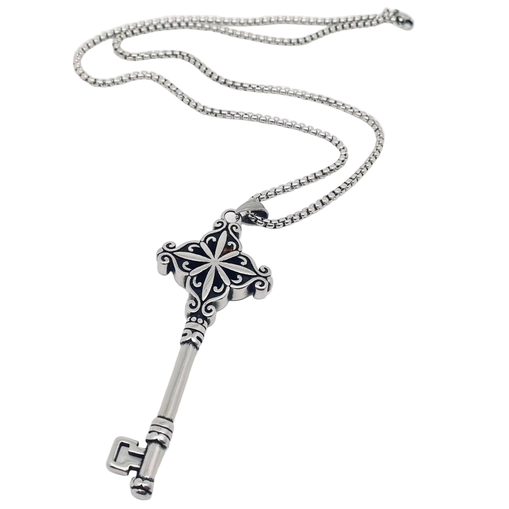 Stainless Steel 316L Key-Shaped pendant on a 3mm box chain against a white background