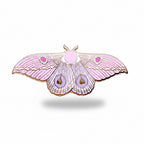 Pink moth-shaped enamel pin on a light background