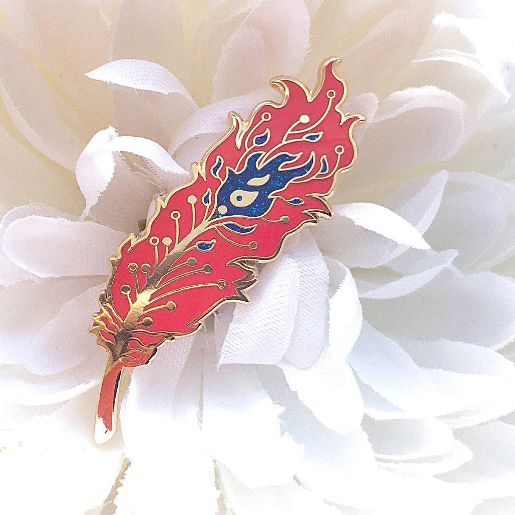 Decorative  phoenix feather with red and blue design on a white floral background