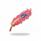 red feather-shaped phoenix pin with blue design on a light gray background
