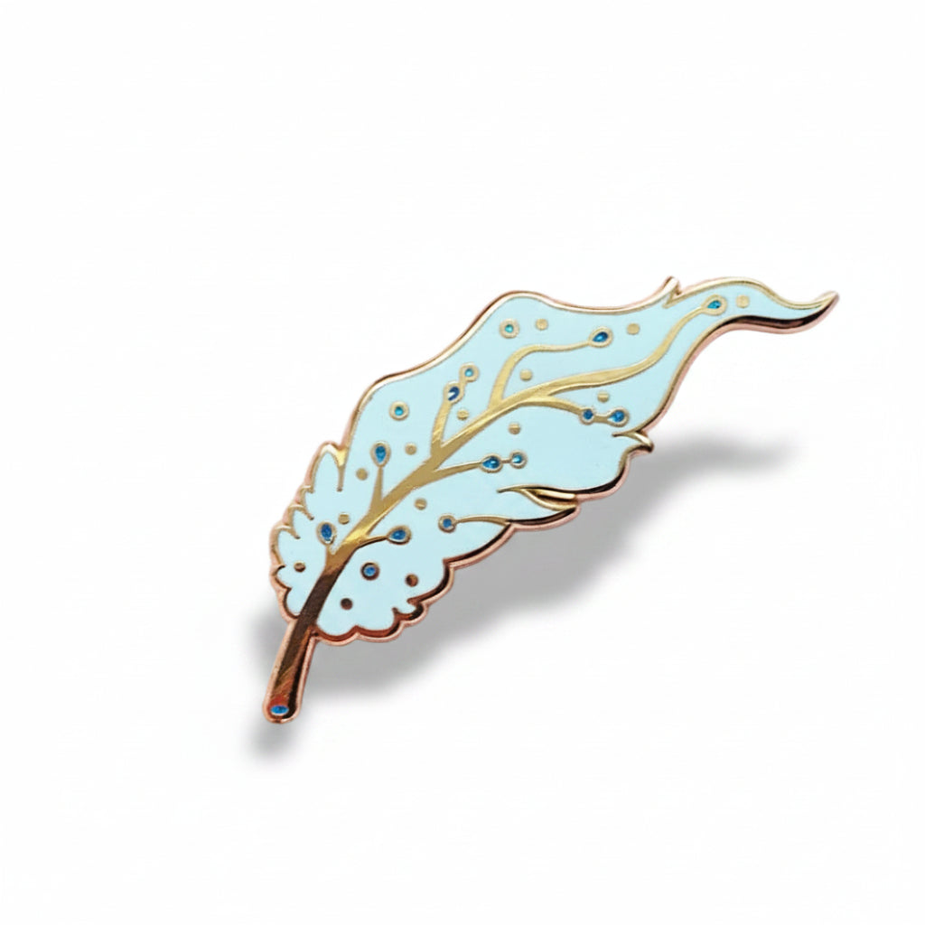 Decorative Pegasus feather pin on a pink background 