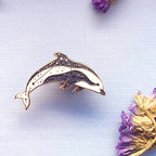 Dolphin-shaped brooch on a light blue background with dried flowers.
