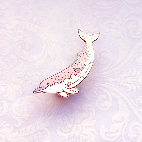 Decorative pink dolphin illustration on a light purple patterned background